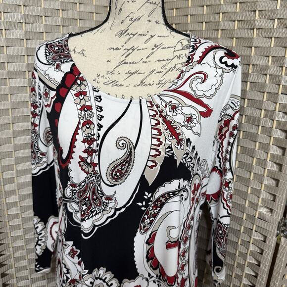 Chico’s Trapeze Slinky Knit Dress Size 1 M Black White Red Paisley Stretch NEW - Picture 4 of 10